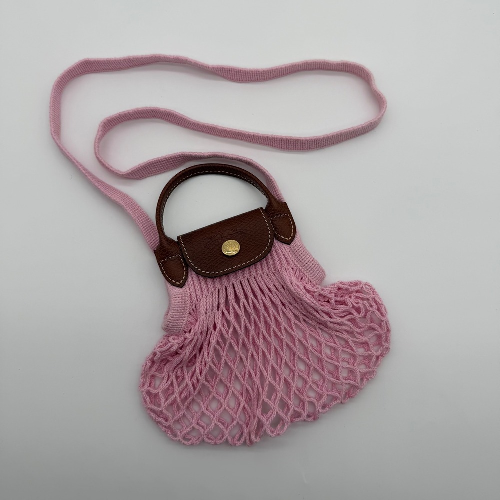 Longchamp Le Pliage Filet Crossbody Bag Women XS Pink Knit Mesh Leather Trim